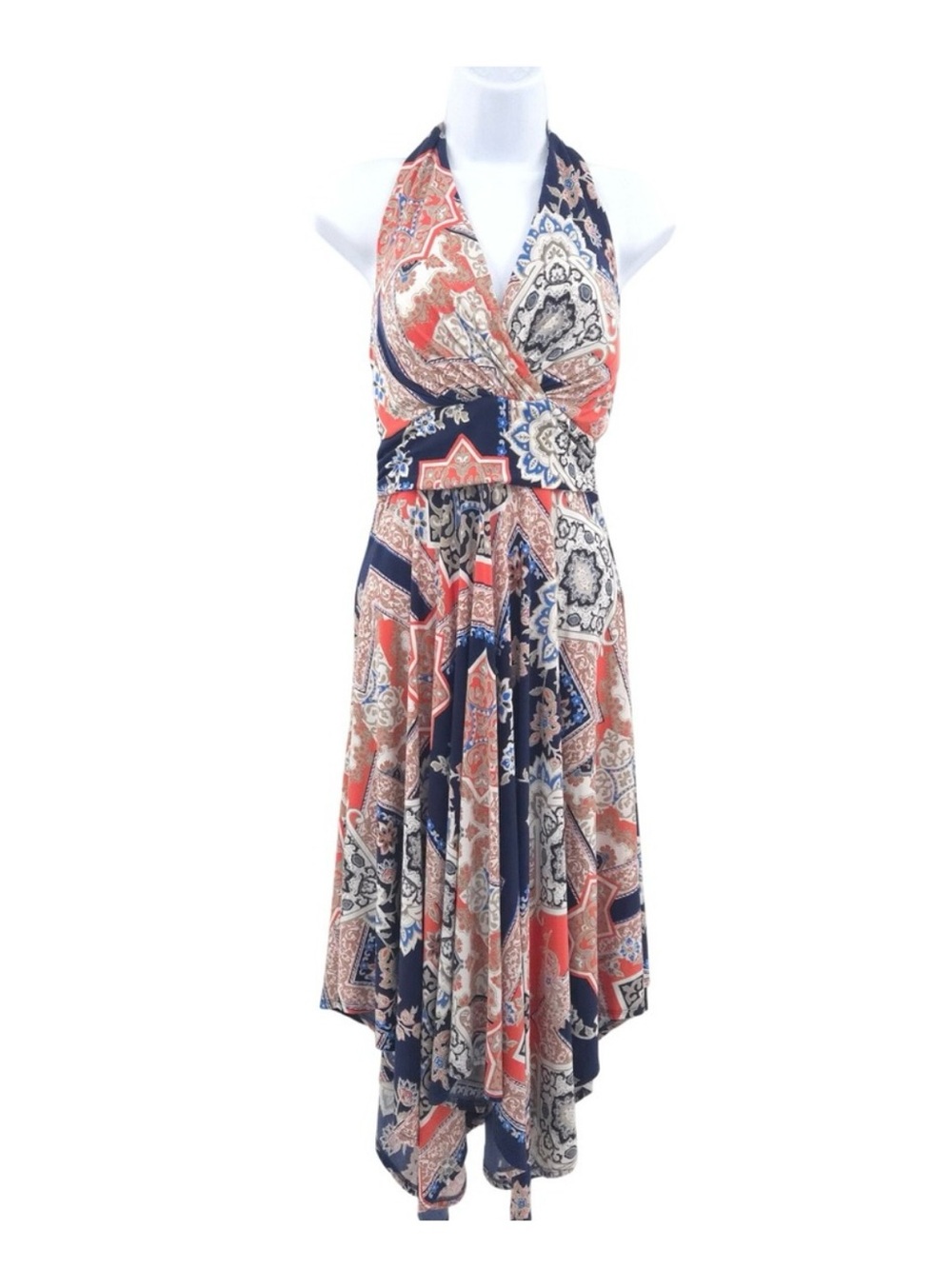 Soma Halter Paisley Handkerchief Hem Dress in Navy and Coral